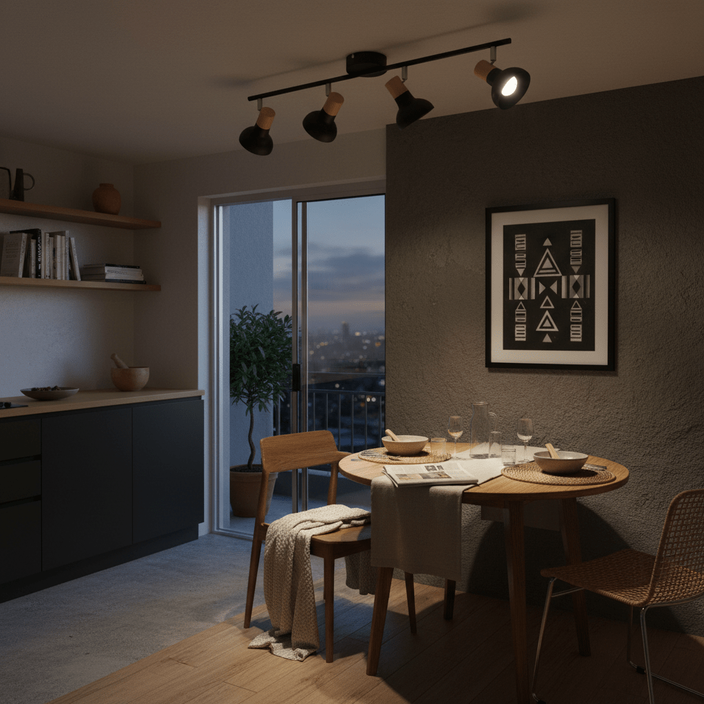 4-light black metal spotlight with wood finish illuminating a modern kitchen dining area.