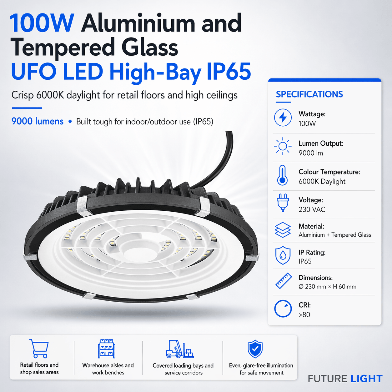 100W Aluminium and Tempered Glass UFO LED High-Bay IP65
