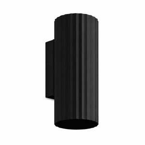 Black cylindrical wall light fixture on a white background
