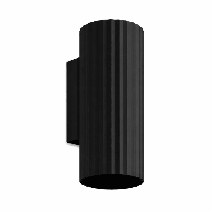 Black cylindrical wall light fixture on a white background