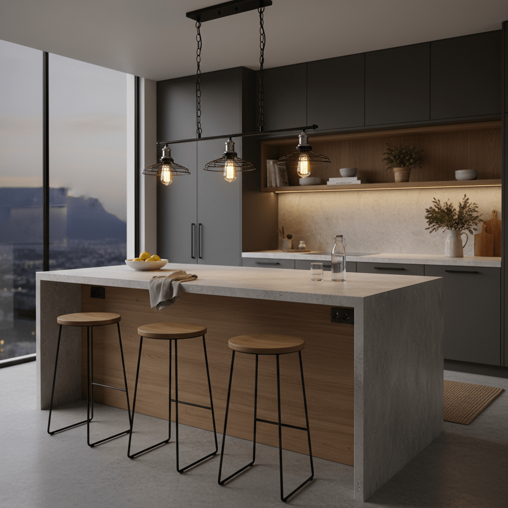3-light black and chrome grid pendant hanging over a modern kitchen island with wooden stools.