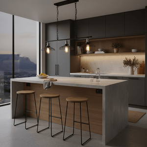 3-light black and chrome grid pendant hanging over a modern kitchen island with wooden stools.