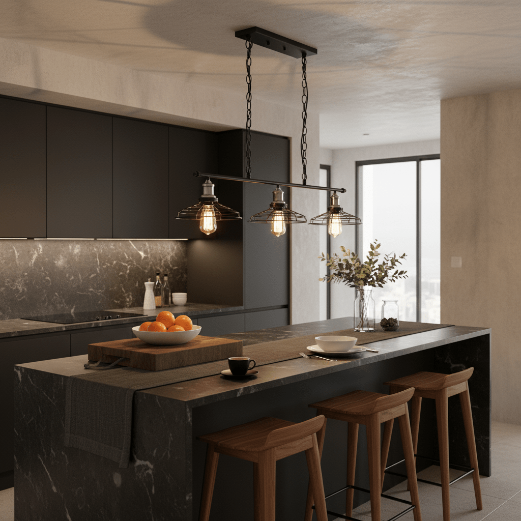 3-light black and chrome grid pendant light hanging above a modern kitchen island with wooden stools.