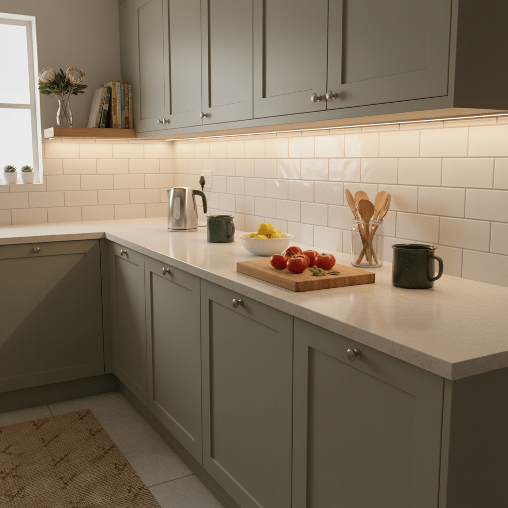 Modern kitchen with light gray cabinets, white countertops, and various kitchen items.