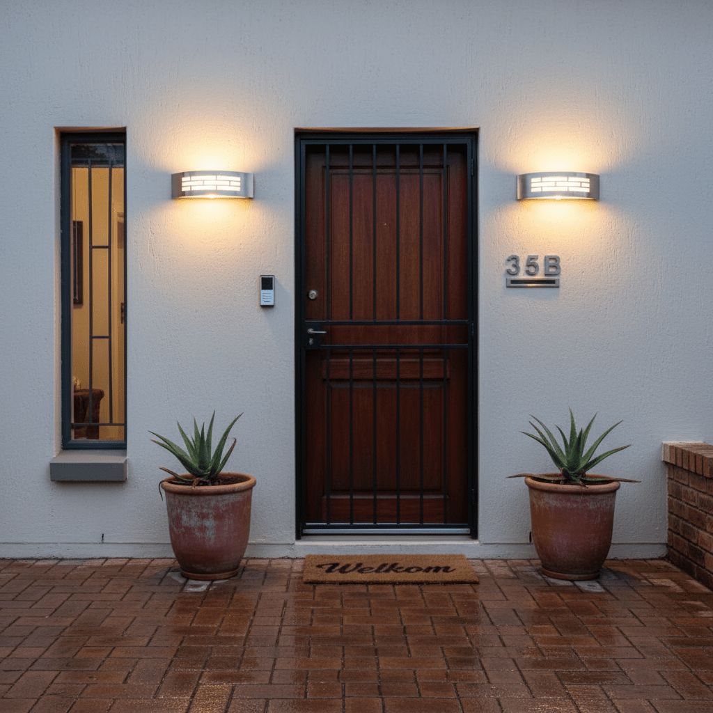 Stainless steel outdoor wall lights illuminating a front entrance with potted plants and a welcome mat.