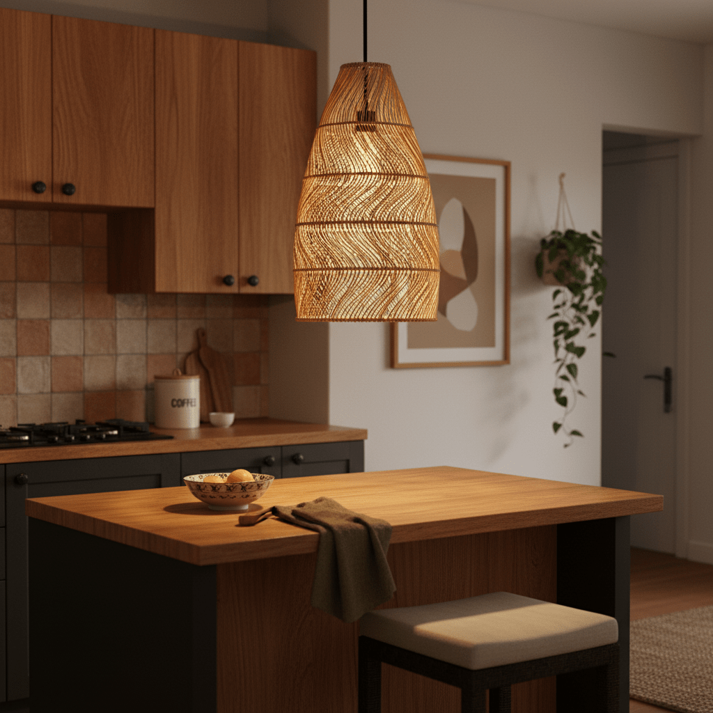 Rattan pendant light hanging above a wooden kitchen island with a bowl of oranges.