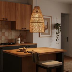Rattan pendant light hanging above a wooden kitchen island with a bowl of oranges.