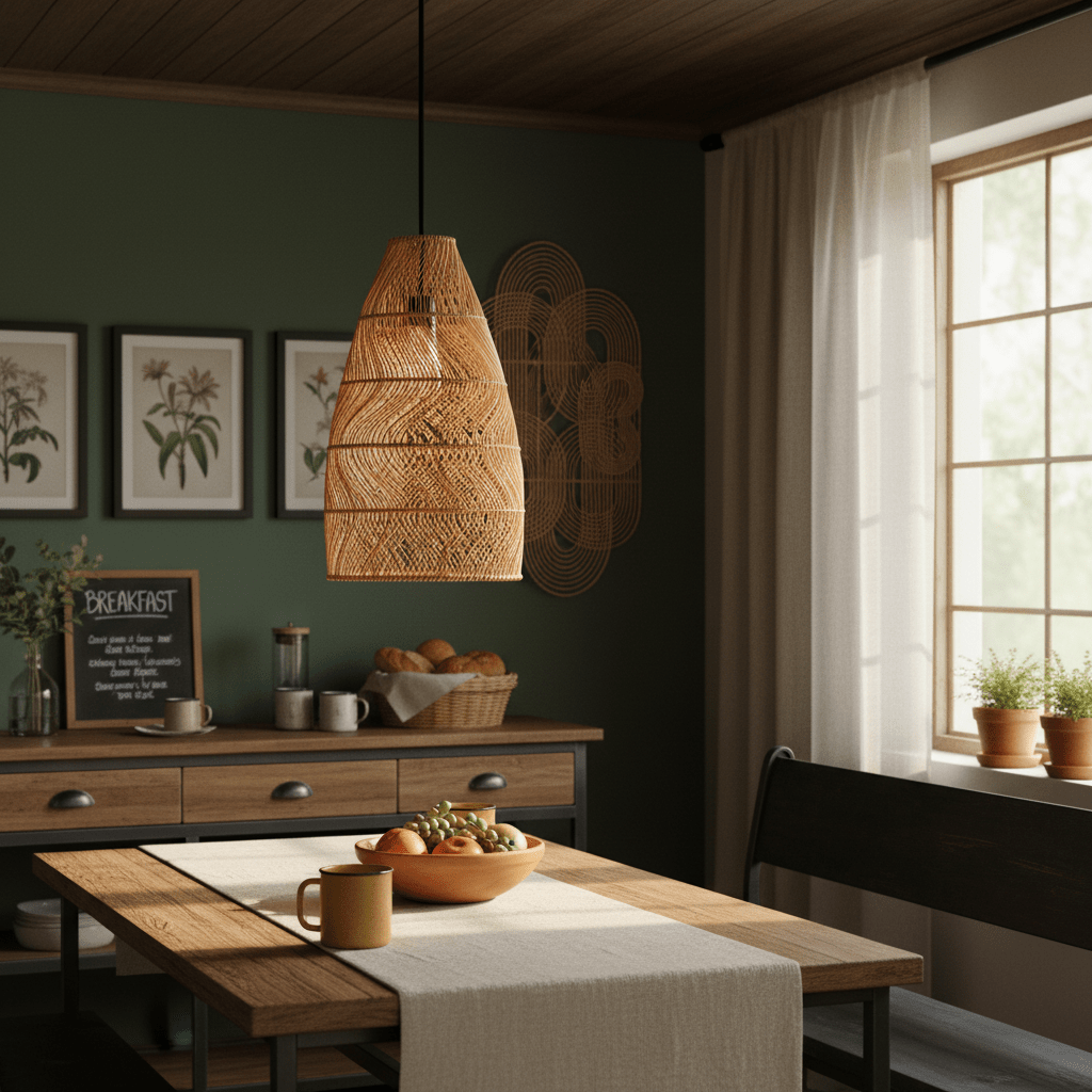 Rattan pendant light hanging above a wooden dining table with fruit bowl and coffee mug.