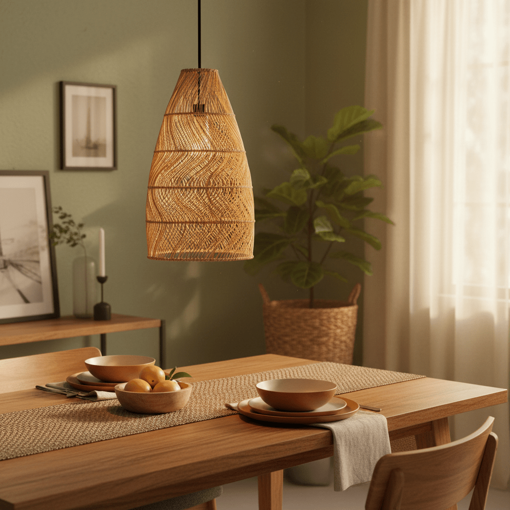 Rattan pendant light hanging above a dining table set with bowls and fruits, surrounded by greenery.