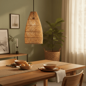 Rattan pendant light hanging above a dining table set with bowls and fruits, surrounded by greenery.