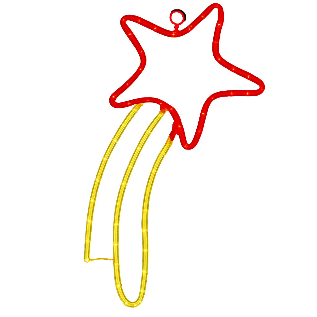 Red and yellow LED light display in the shape of a shooting star with a trailing comet tail.