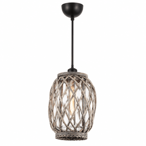 Pendant light with wicker design on a white background