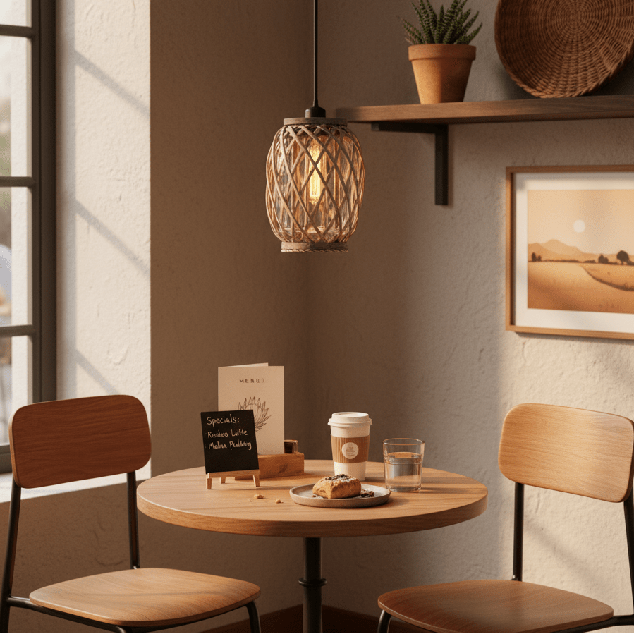 Stylish pendant light above a wooden table set with coffee, dessert, and a menu in a cozy indoor setting.