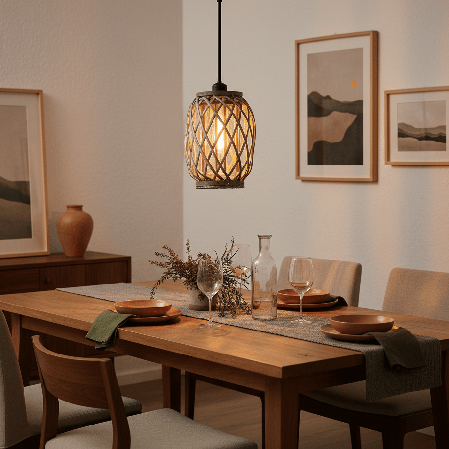Stylish metal and rattan pendant light hanging above a dining table set with plates and glasses.