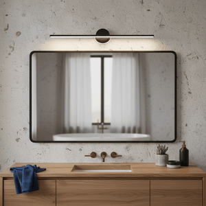 Black slim LED linear light mounted above a large mirror in a modern bathroom setting.