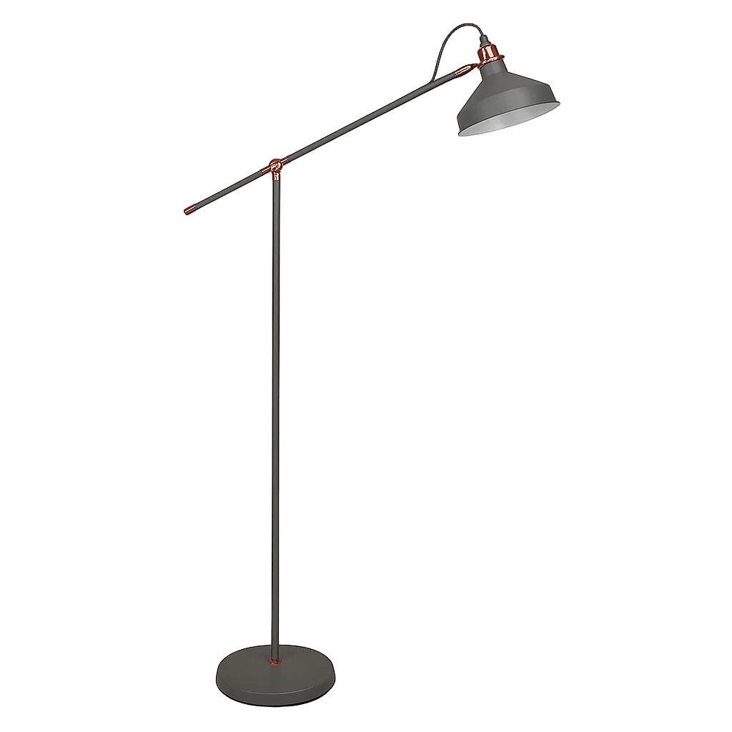 A grey and copper floor lamp with a long arm and a round base, featuring a conical shade.