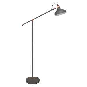 A grey and copper floor lamp with a long arm and a round base, featuring a conical shade.