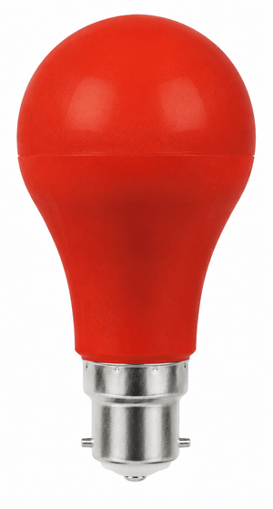Red A60 LED bulb with B22 cap, designed for decorative indoor lighting.