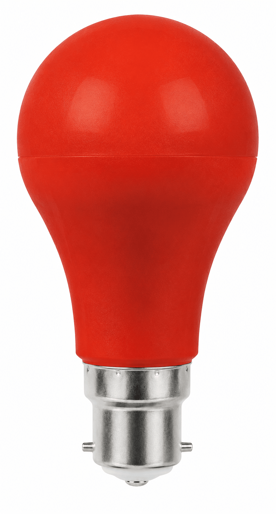 Red A60 LED bulb with B22 cap, designed for decorative indoor lighting.