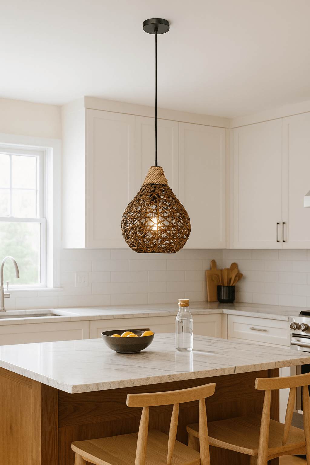 Rustic metal and rope pendant light hanging over a kitchen island with wooden chairs.