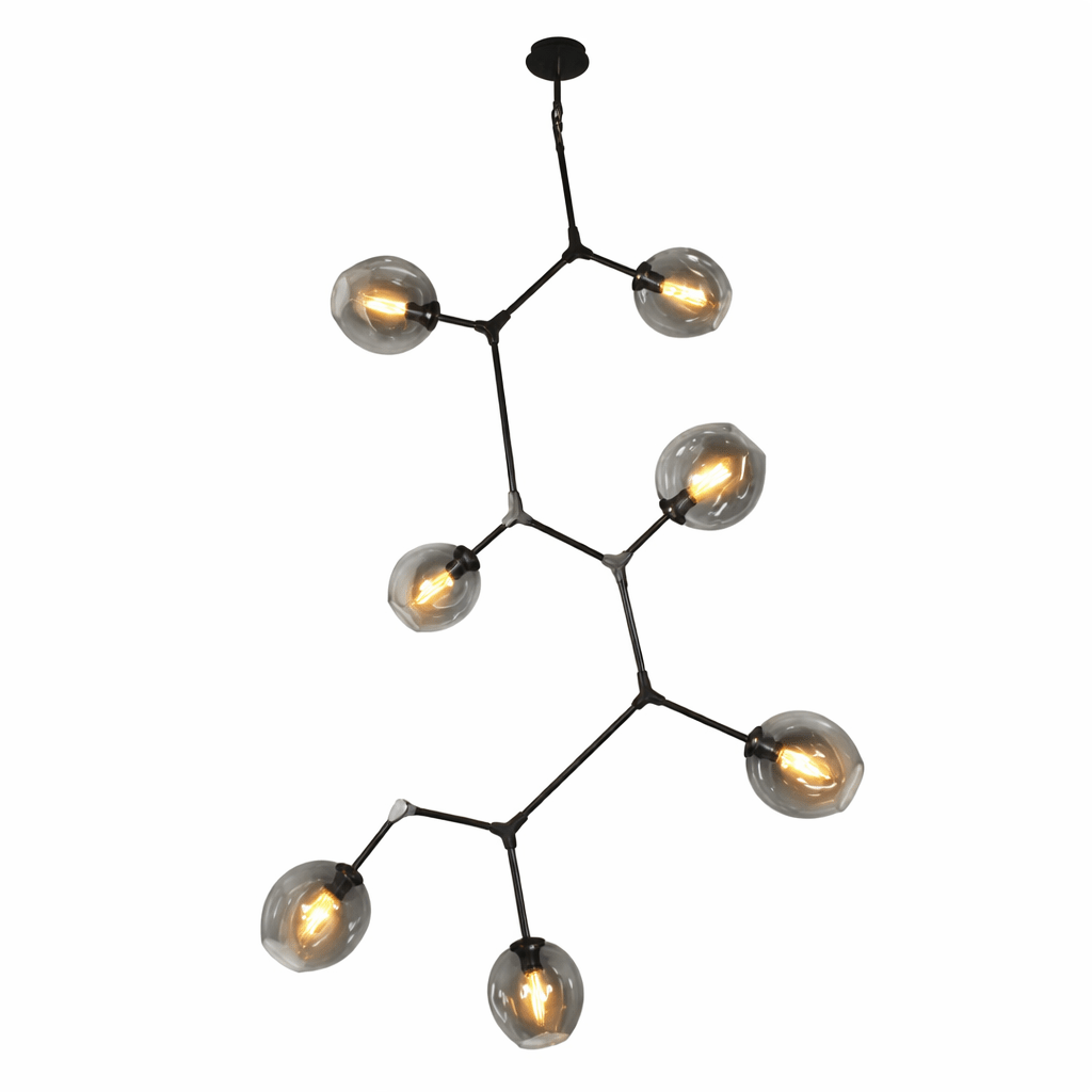 Modern chandelier with multiple glass shades on a white background