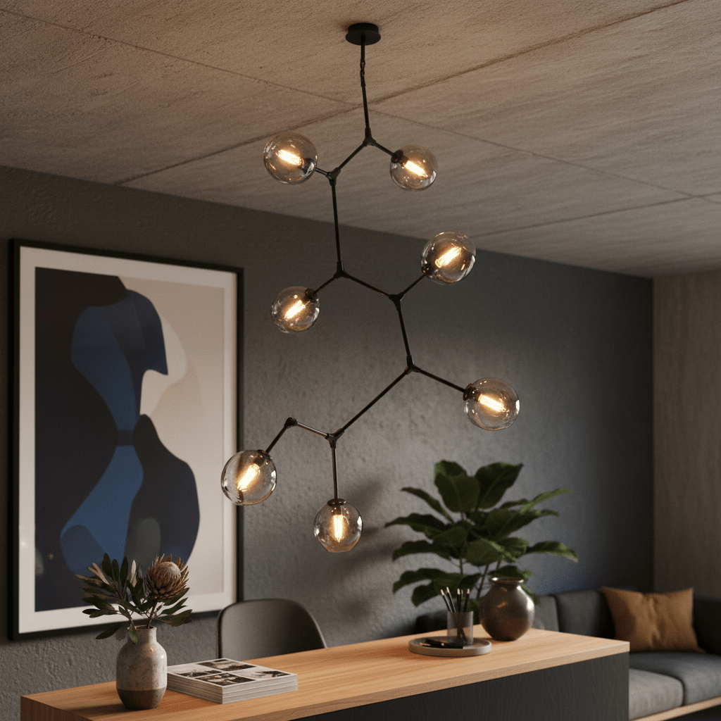 Vertical 7-light Molecule pendant light hanging over a wooden counter with a plant and artwork in the background.