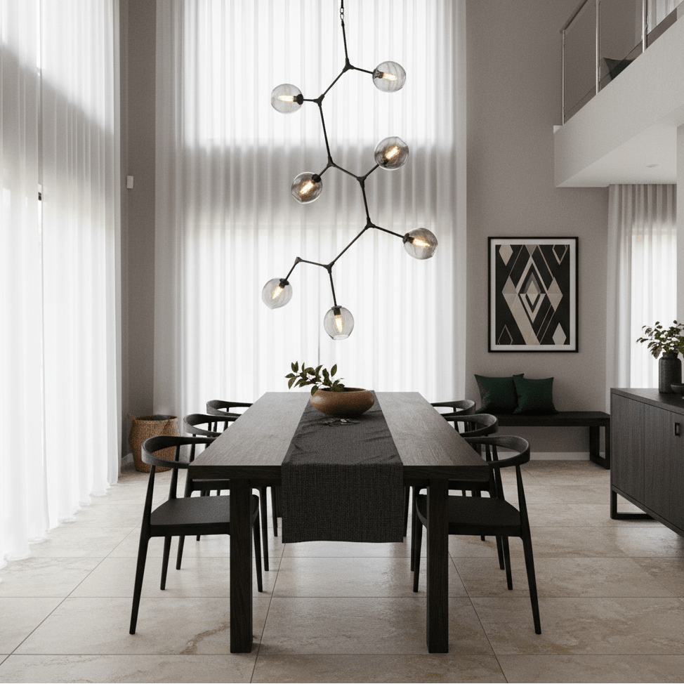 Vertical 7-light pendant in black with smoke glass, hanging over a modern dining table.