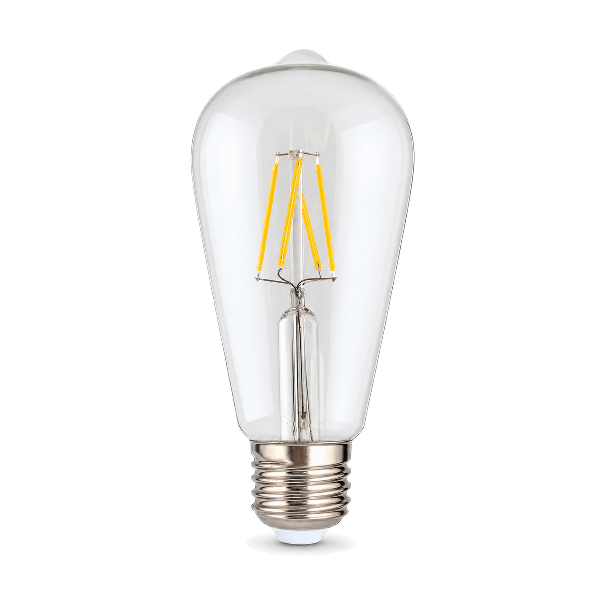 Clear 4W pear-shaped E27 LED filament bulb on white background