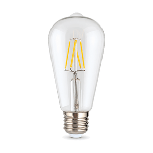 Clear 4W pear-shaped E27 LED filament bulb on white background