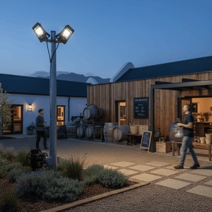 LED floodlight mounted on a pole illuminating a courtyard with people walking, surrounded by wooden barrels and plants.