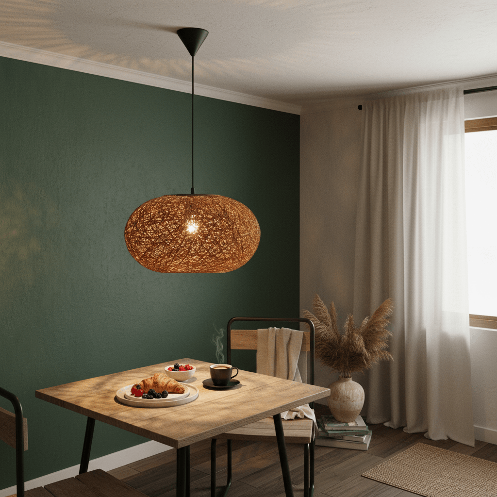 Twine Pendant 500mm hanging above a wooden table set with coffee and pastries in a cozy dining area.