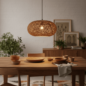Twine Pendant light hanging above a wooden dining table set with bowls and a woven plate.