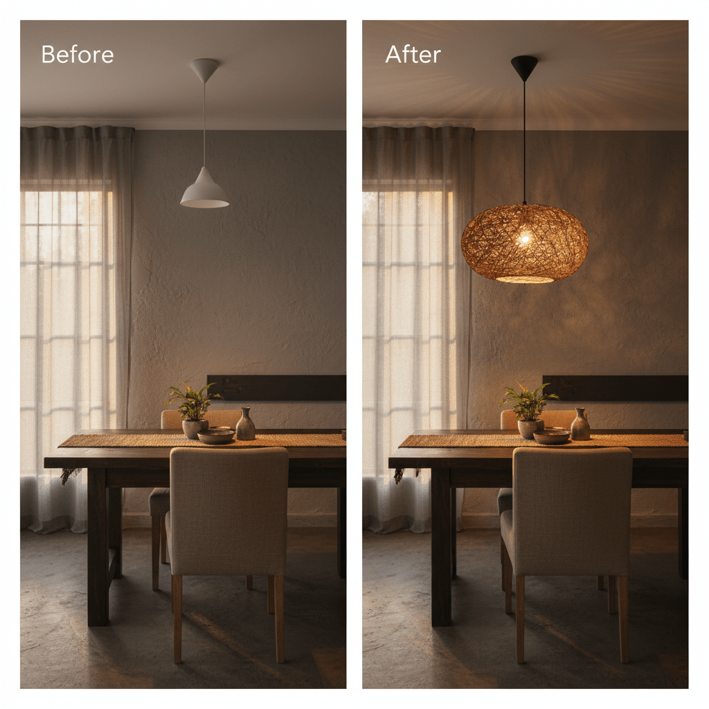 Comparison of dining area lighting: before with a simple pendant and after with the Twine Pendant, showcasing warm ambiance.
