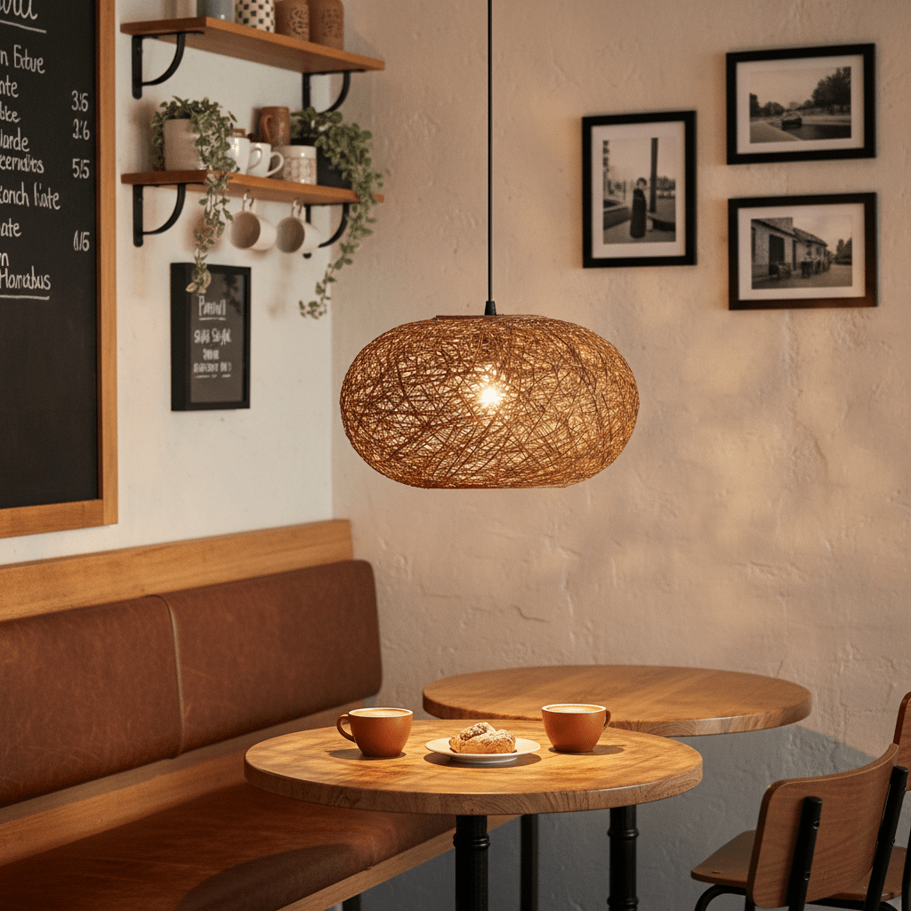 Twine Pendant 500mm hanging above a cozy table setting with coffee cups and pastries.