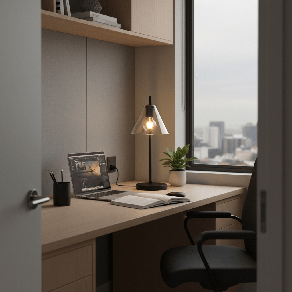 A black table lamp with a clear glass shade sits on a wooden desk beside a laptop, notebook, and a small plant.