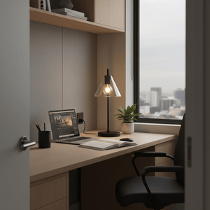 A black table lamp with a clear glass shade sits on a wooden desk beside a laptop, notebook, and a small plant.