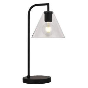 A black table lamp with a clear conical shade and a round base, featuring a visible light bulb.