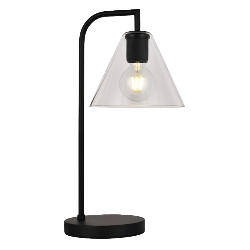 A black table lamp with a clear conical shade and a round base, featuring a visible light bulb.