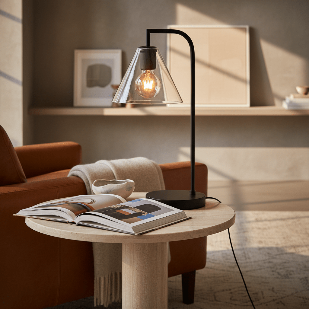 A black table lamp with a clear conical shade sits on a round stone table, beside an open book and a soft throw.