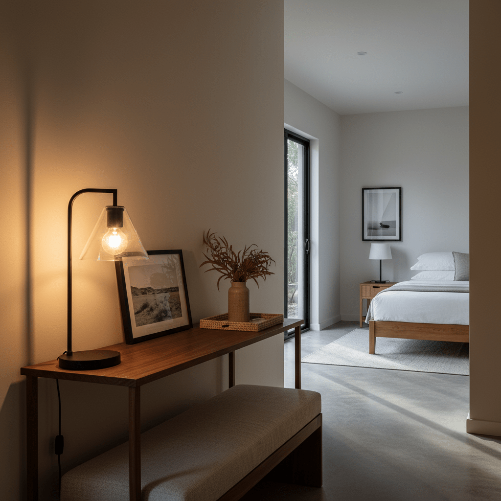 A black table lamp with a clear glass shade sits on a wooden console table, illuminated in a softly lit room.