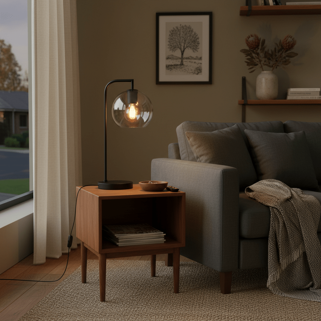A stylish table lamp with a clear glass shade on a wooden side table next to a grey sofa, creating a cozy atmosphere.