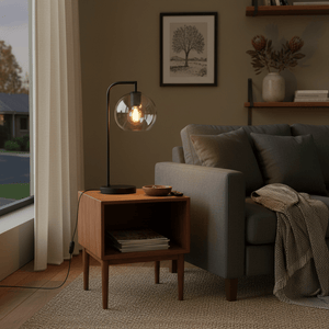 A stylish table lamp with a clear glass shade on a wooden side table next to a grey sofa, creating a cozy atmosphere.