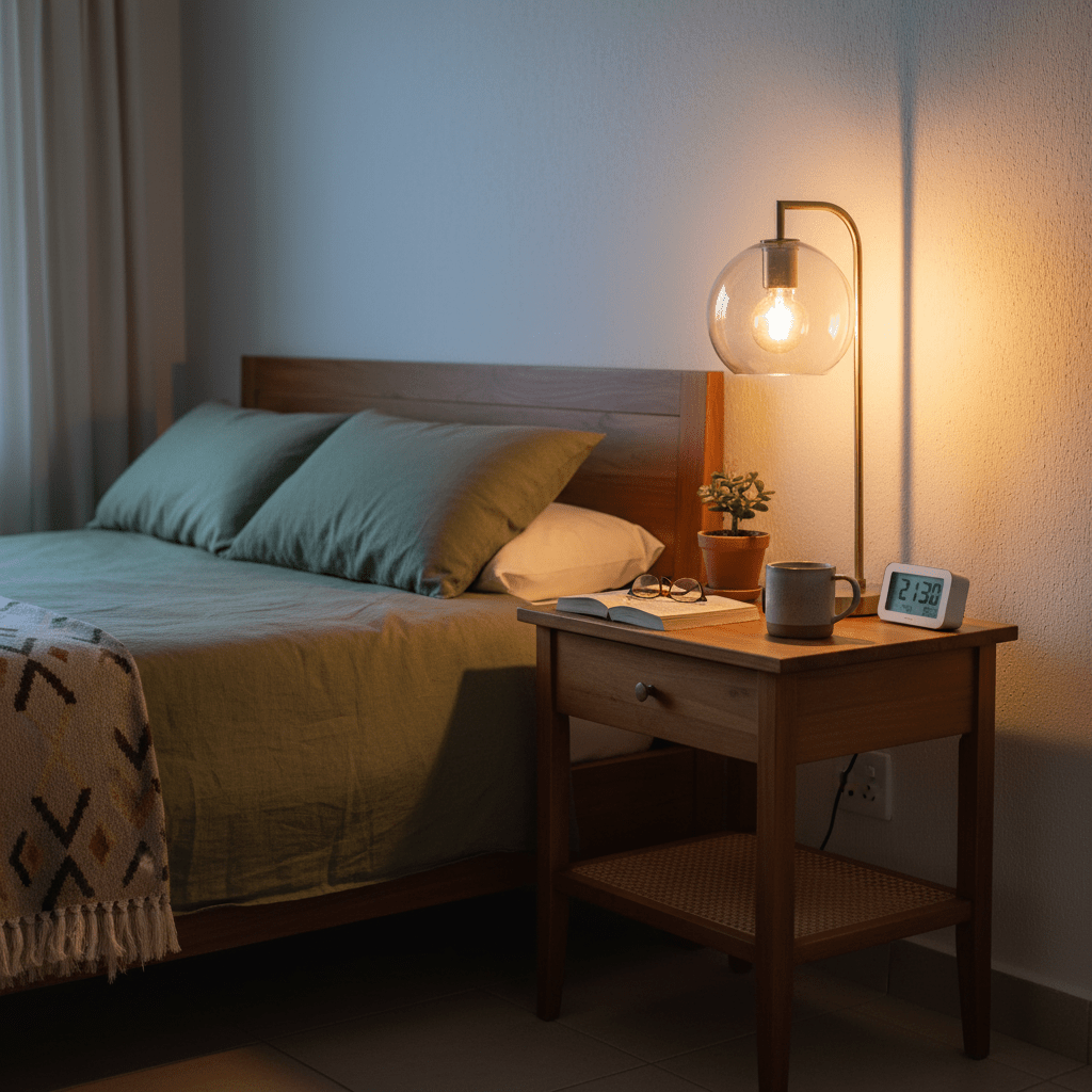 A cozy bedside scene featuring the Inspiration Table Lamp with a clear glass shade, illuminating a wooden nightstand with a