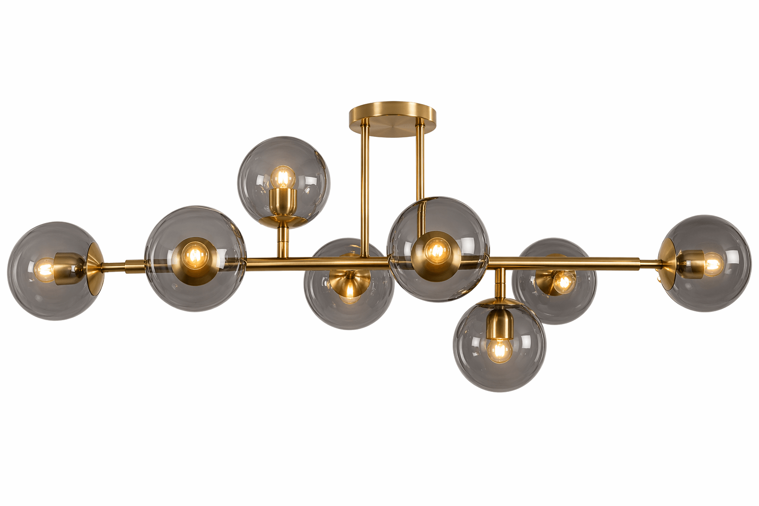 8 Light Satin Gold Metal Ceiling Light with Smoke Colour Glass