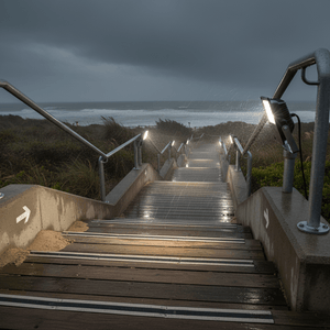 Coastal floodlight illuminating a wooden staircase leading to the beach, with rain and ocean in the background.