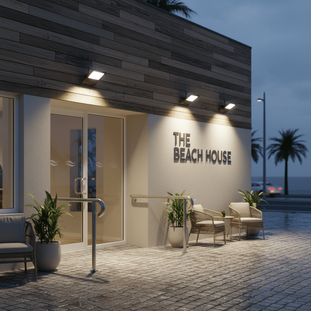 Coastal floodlight illuminating the entrance of a beach house, enhancing visibility and ambiance.