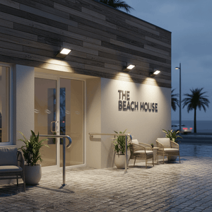 Coastal floodlight illuminating the entrance of a beach house, enhancing visibility and ambiance.