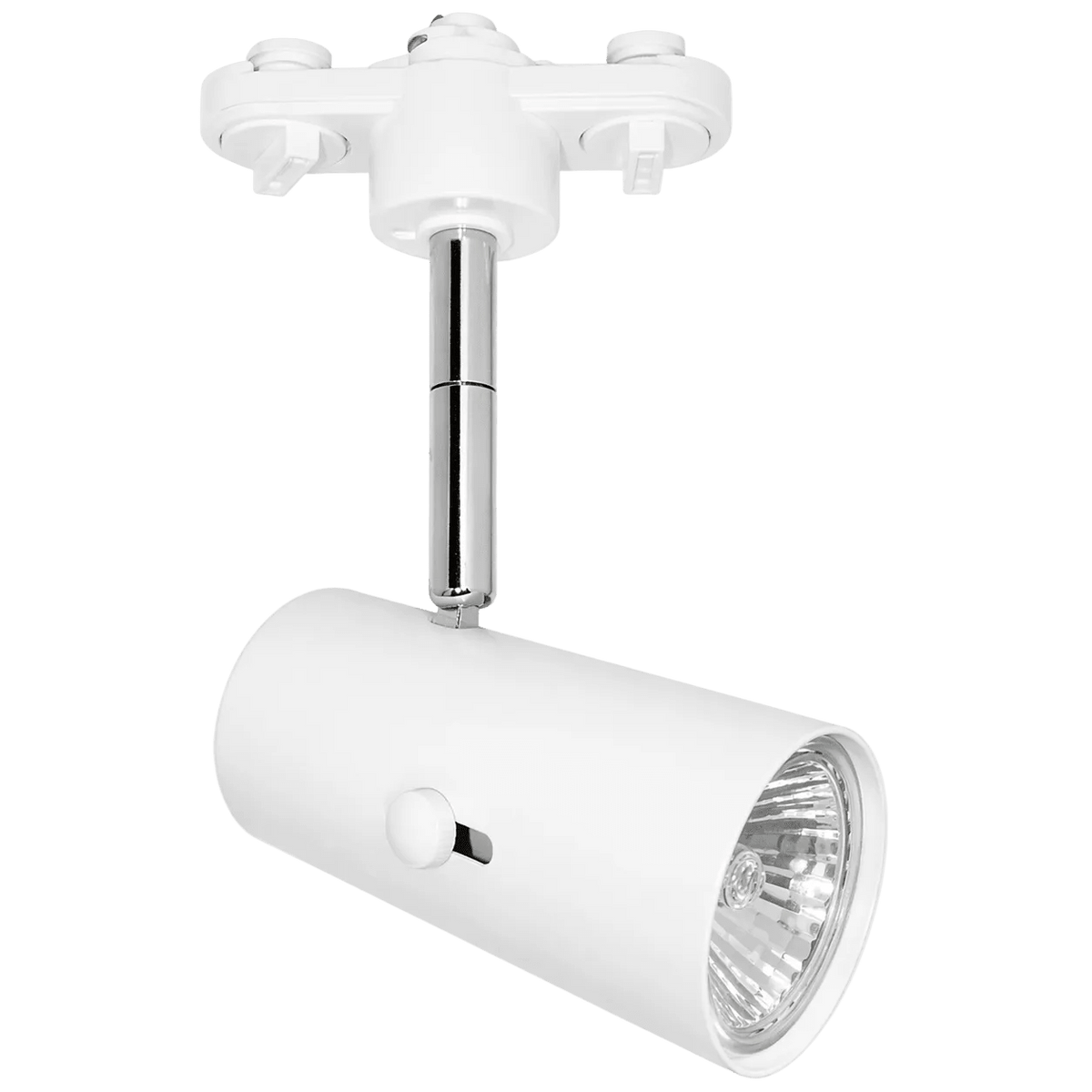 White die cast aluminium track light with a cylindrical body and a chrome connector, featuring a round lens.
