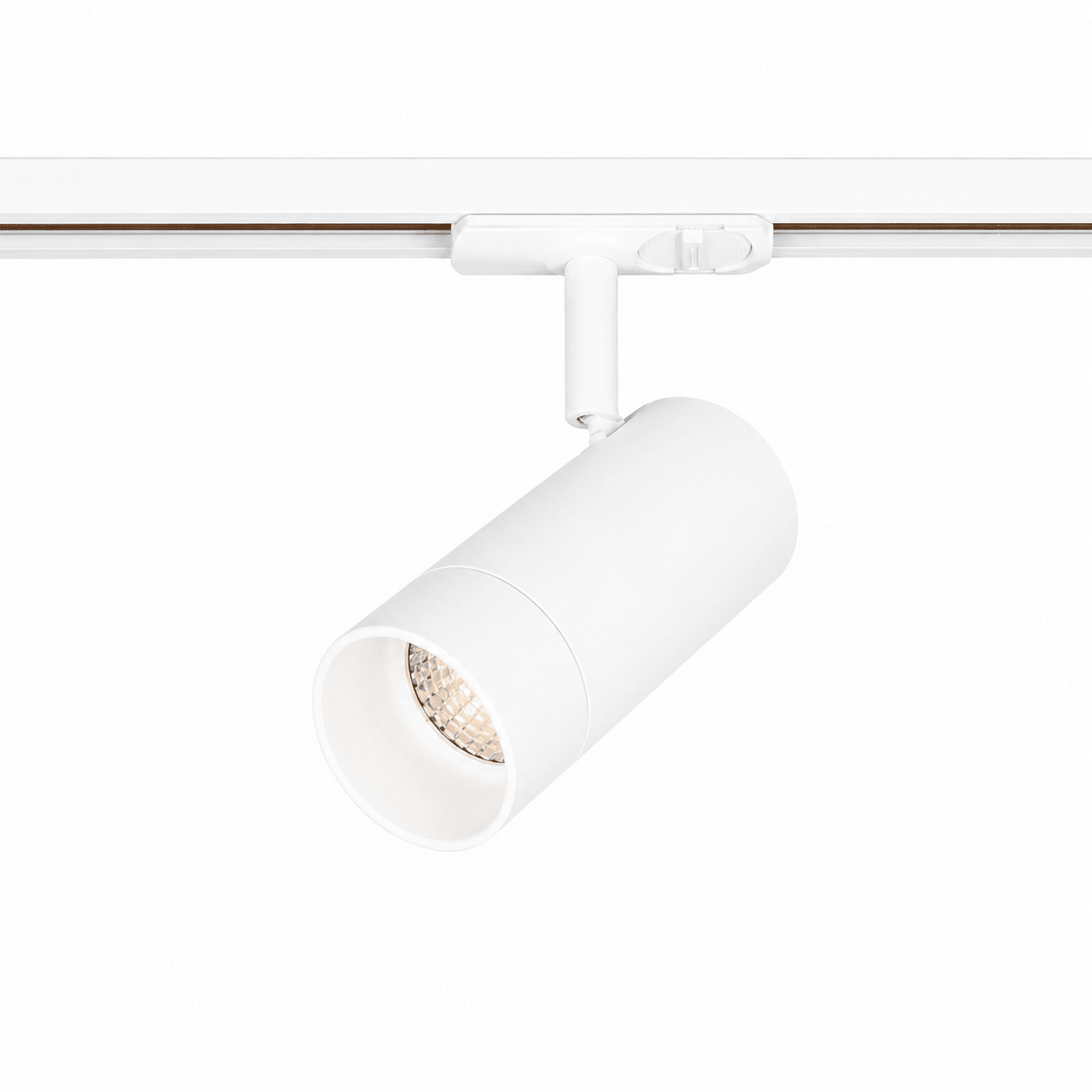 White adjustable GU10 track light mounted on a track, showcasing a sleek design for modern accent lighting.