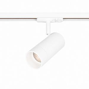 White adjustable GU10 track light mounted on a track, showcasing a sleek design for modern accent lighting.
